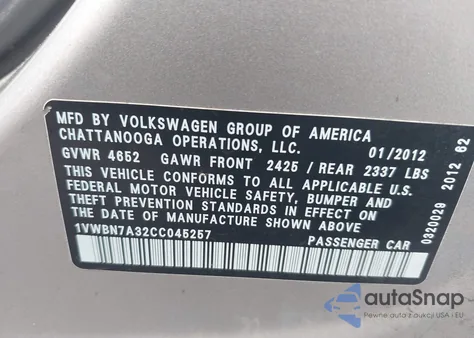 2012 Volkswagen Passat 2.0L Tdi Se from USA, damaged, VIN 1VWBN7A32CC045257